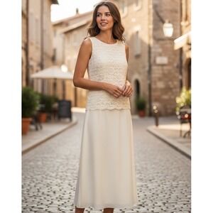 VTG Lanz Salzburg Women Dress 4 Ivory Lace Midi Cottage Feminine‎ Fairy Occasion